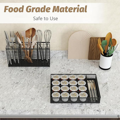 Silverware Organizer Metal Mesh, Small Drawer Organizer, Utensil Cutlery Tray for kitchen drawers, Flatware Organizer with 5 Compartment, Black(9.3"*12.6")