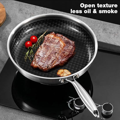10-Inch Non Stick Frying Pans, Ceramic Coating NonStick Stainless Steel Pan Set, Tri-Ply Skillets and Pan Set with Lid, Cool-Touch Handle, Dishwasher and Oven Safe