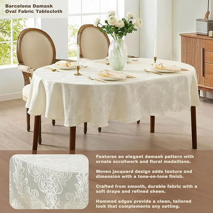 Newbridge Barcelona Luxury Damask Fabric Tablecloth, 60” Wide x 102” Oval, Antique White, 100% Polyester, No Iron, Soil Resistant Dining Room, Party and Banquet Table Cover