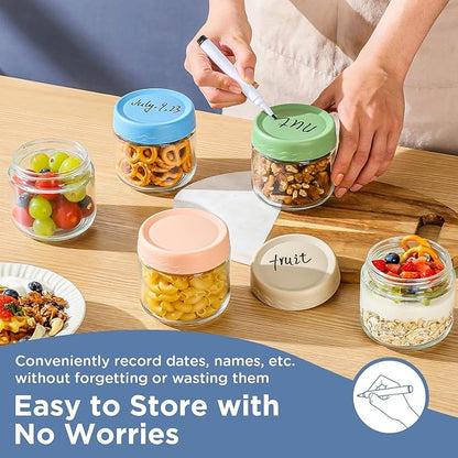 DRKIO 10 Oz Overnight Oats Containers with Lids - 4 Pack Glass Storage Jars with Airtight Lids Wide Mouth Mason Food Jars Great for Meal Prep Salad Chia Pudding Snacks Yogurt Sugar Spice Cereal