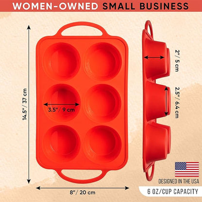 [2 PACK] Jumbo Muffin Pan, 3.5" Large Muffin Pan 6 Cup - Silicone Jumbo Muffin Tin for Baking BPA Free Non Stick - RED