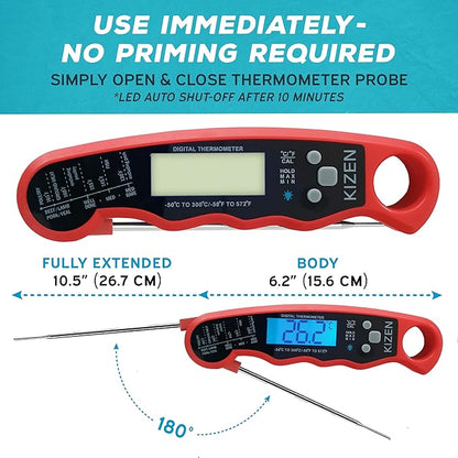 KIZEN Instant Read Meat Thermometer Digital - Food Thermometer for Cooking, Grill, Oven, BBQ - IP67 Rated Waterproof - Large Backlit Display and Magnetic Back