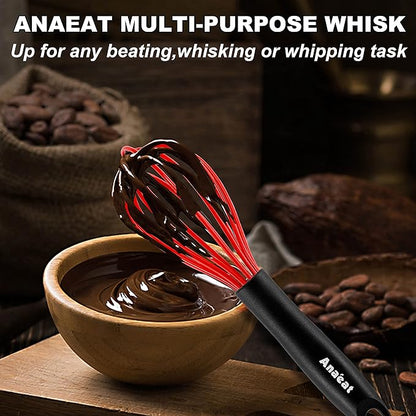 Anaeat Silicone Whisk, Thick Stainless Steel Wire Inner - Heat Resistant Kitchen Whisks for Non-Stick Cookware, Balloon Egg Beater for Whisking, Blending, Beating, Frothing & Stirring (Red)