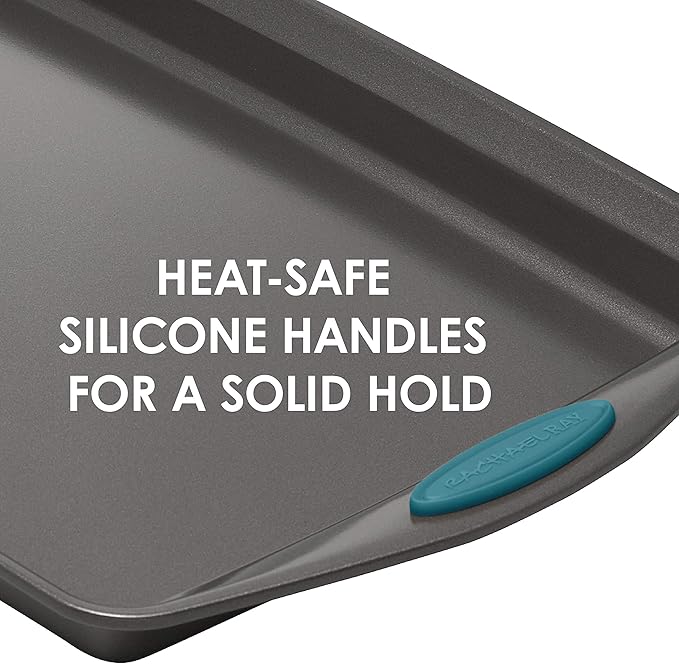 Rachael Ray Bakeware Nonstick Cookie Pan Set, 3-Piece, Gray with Marine Blue Grips