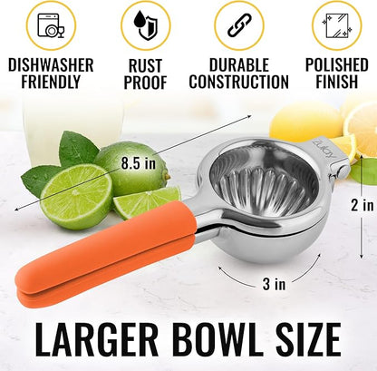 Zulay Kitchen Lemon Squeezer Stainless Steel with Premium Heavy Duty Solid Metal Squeezer Bowl and Food Grade Silicone Handles - Large Manual Citrus Press Juicer and SS Lime Squeezer (Orange)