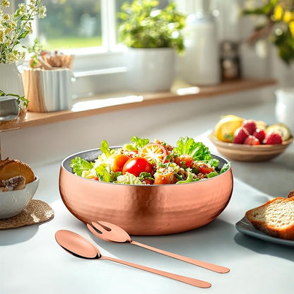 Avador® Set of 3 Premium Stainless Steel Salad Mixing Bowl Hammered Finish | Handmade | Includes Salad Serving Utensils (Rose Gold)