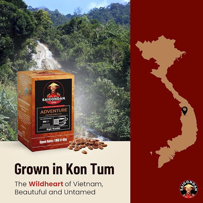 Pour Over Vietnamese Coffee – Saigondan Adventure | Espresso Robusta | 100% Robusta | Instant Specialty Coffee | Small Batch Roasted | Direct Trade | Naturally Sweet | 18 Sachets