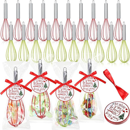 24 Sets 8 Inch Christmas Whisks Gifts DIY Fillable Christmas Tree Ornaments Xmas Colored Silicone Whisks for Cooking Heat Resistant Egg Beaters with Card Rope Bag for Candy Holder