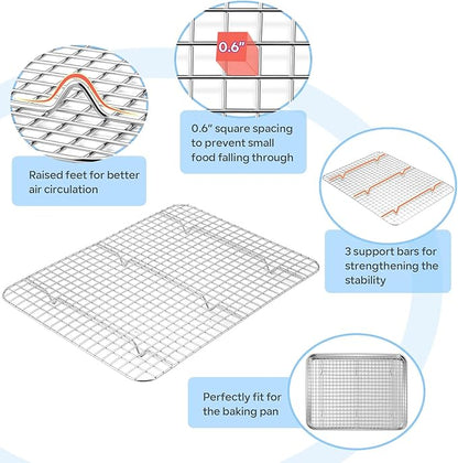 TeamFar Baking Sheet with Rack, 16 x 12 x 1 Inch Stainless Steel Cookie Baking Pan Tray with Grid Rack for Baking Roasting Cooling, Healthy & Heavy-Duty, Oven & Dishwasher Safe