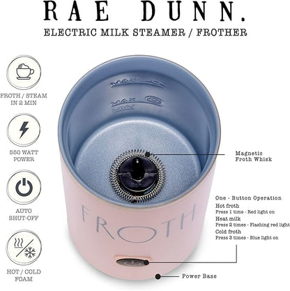 Rae Dunn Electric Milk Frother Steamer -Stylish Automatic Milk Steamer and Frother, Milk Warmer, Hot and Cold Foam Maker for Coffee, Latte, Cappuccino, Macchiato - 550 Watt (Blush)
