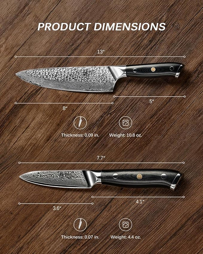 KYOKU Knife Set, 2pc Japanese Kitchen Knife Set for Cooking, 8" Chef 3.6" Paring Knife with Sheath Gift Box, Professional Sharp Damascus Stainless Steel Knives for Meat Vegetable Fruit