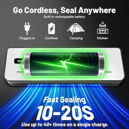 Cordless Vacuum Sealer Machine with UV-C Light, Digital Display & Built-in Cutter, Compact Rechargeable Food vacuum Sealer for Dry & Moist Foods, Includes 10 Pre-cut Bags & 1 Roll Bag (Sliver)
