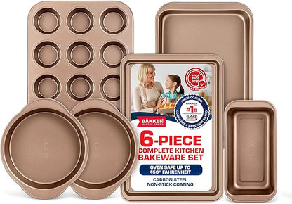 BAKKEN 6-Piece Kitchen Baking Pan Set - Commercial Grade Carbon Steel Bakeware, With Nonstick Coating, Stackable and Space-saving Design, PFOA, PFOS, PTFE Free, Oven Safe Tray (Up To 450°F), Brown