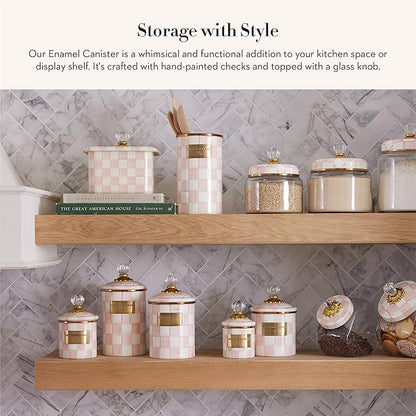 MACKENZIE-CHILDS Rosy Check Enamel Canister, Pink-and-White Kitchen Storage Container with Lid, Mini