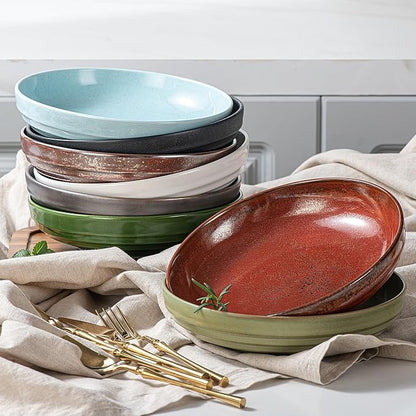 HAPPY KIT Stoneware 9'' Pasta Bowls, 42 Oz Large Salad Bowls Set of 4, Serving Bowls Perfect for Dessert, Soup, Fruit, Noodle, Granite White