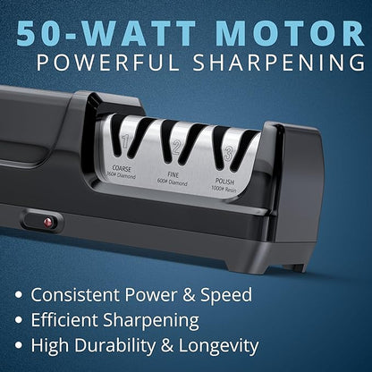 Yatoshi Electric Sharpener, 50-Watt, Diamond Abrasives and Precision Angle Guides, 20-Degree Straight-Edge and Serrated Knives, 3 Stage