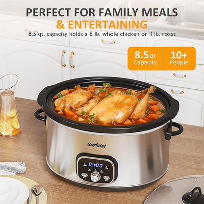 Sunvivi Slow Stew Pot - Electronic - Stainless Steel Color -8.5 QT: Multi-Cooker Food Warmer with Delay Function, Adjustable Tempature Control, Dishwasher Safe, Perfect for Families, Sliver
