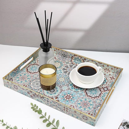 Spsyrine Decorative Serving Tray with Handles, Lacquered Coffee Table Tray for Ottoman, Rectangular Waterproof Platters for Centerpieces, Parties, Living Room, Kitchen Counter Organization SP3040RE2