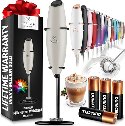 Zulay Kitchen Powerful Milk Frother Wand With 4 AA Duracell Batteries - Ultra Fast Handheld Drink Mixer - Electric Whisk Foam Maker for Coffee, Lattes, Cappuccino, Matcha & Creamer