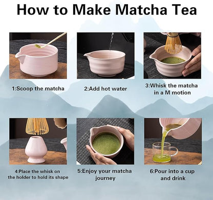 Matcha Whisk Set, 5 Pcs Matcha Kit for Matcha Lovers - Matcha Bowl with Spout, Matcha Whisk and Holder, Bamboo Matcha Scoop and Stainless Steel Sifter, Pink Ceramic Matcha Set