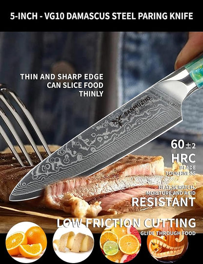 5 Inch Kitchen Utility Knife - Xuan Series Kitchen Knives - VG10 Damascus Steel with Resin Handle (Jade Green)
