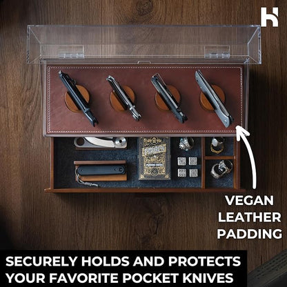 Premium Pocket Knife Display Case for 10 Knives - Wooden Knife Organizer, Storage & Holder with Unique Pillars, Hinged Cover, Drawer - Knife Collection Box - Handcrafted for Men