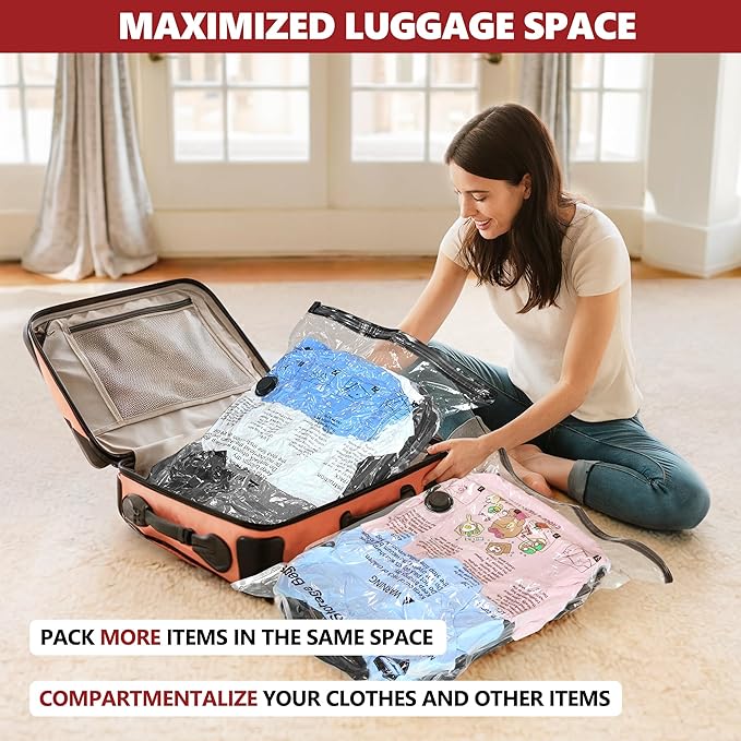 SUOCO Travel Vacuum Bags for Luggage with Portable Electric Pump, 8 Small Packing Seal Bags for Clothing Suitcase Backpack, Space Saver Compression Clothes Storage Bags