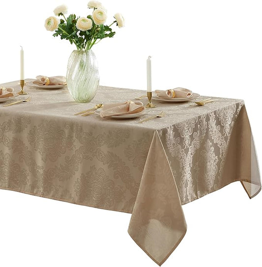 Newbridge Barcelona Luxury Damask Fabric Tablecloth, 52” Wide x 70” Rectangle, Golden Beige, 100% Polyester, No Iron, Soil Resistant Dining Room, Party and Banquet Table Cover