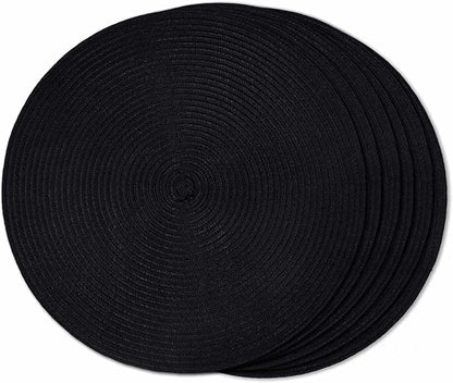 FunWheat Round Braided Placemats Set of 6 Place mats for Dining Tables Woven Heat Resistant Table Mats 15 inch (Black,6pcs)
