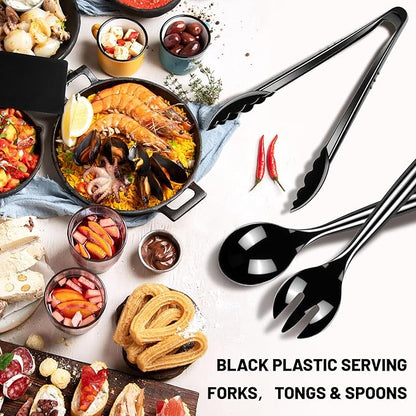 Dualshine 48 Pcs Disposable Black Plastic Serving Utensils,16 Set Including 10" Plastic Serving Spoons, Forks and 9" Tongs for Dinner Parties, Buffets,Banquets, Events, Weddings, and Daily Use