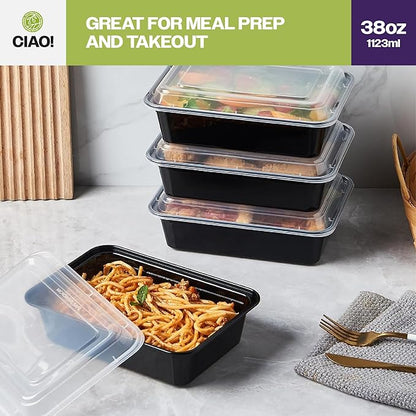 CIAO! Heavy Weight 38oz Injection Molded Microwavable Black Rectangular Food Container with Lid (150/case)