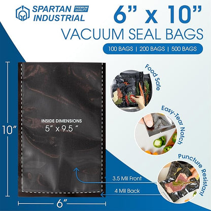 Spartan Industrial 6" X 10" Vacuum Sealer Bags - 500 Count BPA-Free Food Storage Bags for Marinating, Freezing, Sous Vide Cooking