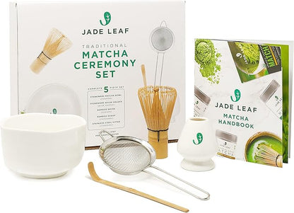 Jade Leaf Matcha - Complete Matcha Whisk Set - Ceremonial Gift Set Includes: Bamboo Matcha Whisk & Scoop, Stainless Steel Sifter, Stoneware Bowl & Whisk Holder, and Prep Guide