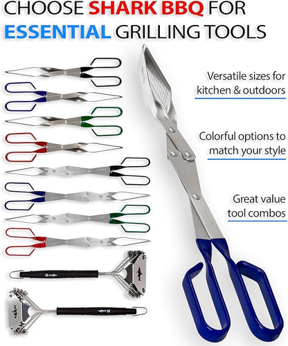 Shark BBQ Grill Tongs - 17 inch Blue. Professional kitchen and outdoor grilling utensil. Long reach Barbeque Grilling Tongs. Ideal for steak, fish, burger, and sausage