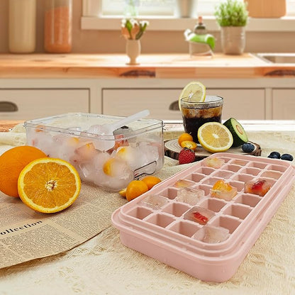 Satax Silicone & Plastic Ice Cube Trays with Lids and Bin - Durable, BPA-Free, Easy Release, Perfect for Cocktails, Coffee & More (1, pink)