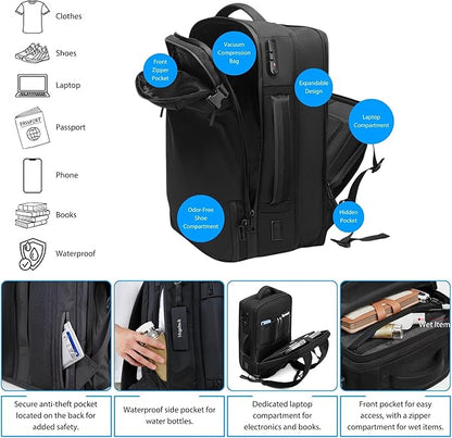 Vacuum Travel Backpack, 70L Expandable Air Vacuum Backpack for Travel, Vacpack Travel Vacuum Bags with Pump, TSA Lock, USB Charging Port, Waterproof