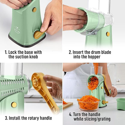 Zulay Kitchen Rotary Cheese Grater 5 Blade Cheese Shredder - Manual Hand Crank Cheese Grater With Reinforced Suction & 5 Interchangeable Drums - Easy to Use, Vegetable Chopper Round Mandoline Slicer