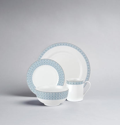 Portmeirion Home Mallorca 16 Piece Porcelain Dinnerware Set with Blue Geometric Border, 4 Place Settings - Ideal for Weekday Meals, Casual Brunches, Relaxed Dinner Parties, Small Family Celebrations