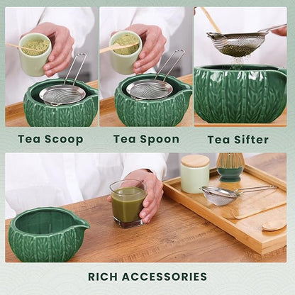Matcha Whisk Set, Cactus Dark Green Ceramic Matcha Set Includes Matcha Bowl, Matcha Whisk (Chasen) and Holder, Sifter, Bamboo Scoop & Spoon - 6 Pcs Matcha Kit for Matcha Lovers