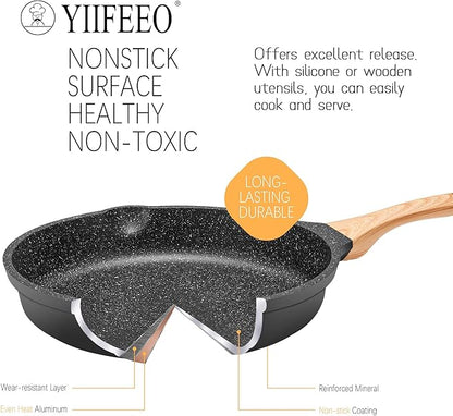 Non Stick Frying Pan Set with Lids, Granite Skillet Set, Egg Omelette Pans for Cooking Pan Set, No Toxic Kitchen Cookware Set Compatible with All Stovetops (Gas & Induction), PFOA Free, Gift