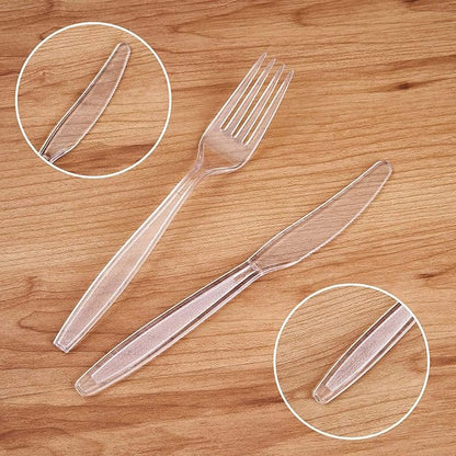 Cutlery Set Plastic Utensils Clear Forks Spoons Knives Disposable Silverware Heavyweight [300 Combo Box] (Formerly FULING)