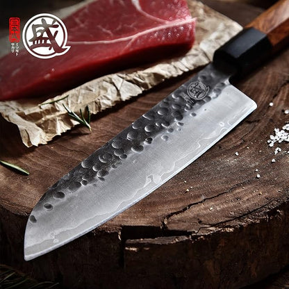 MITSUMOTO SAKARI Santoku Chef Knife 7 inch - Hand Forged Japanese Kitchen Knives, 3-Layer 9CR18MOV High Carbon Steel, Rosewood Handle & Sandalwood Box