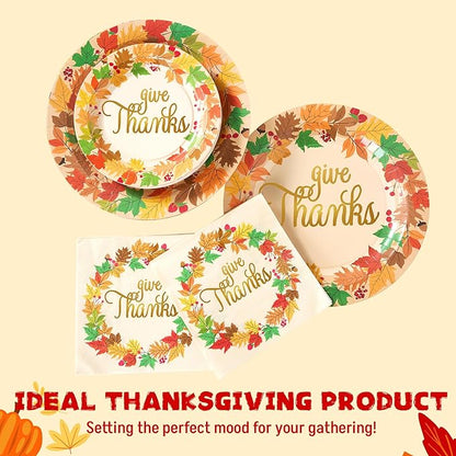JOYIN 100Pcs Thanksgiving Paper Plates and Napkins Disposable Dinnerware Set for 25 Guests Give Thanks Theme Party Supplies Happy Thanksgiving Autumn Tableware Set
