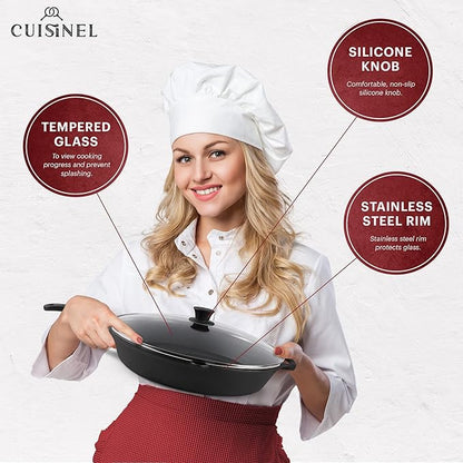 Cuisinel 15" Cast Iron Skillet + Glass Lid Cover + Black Pan Scraper + Silicone Handle Grip Cover - Pre-seasoned Kitchen Cookware - Indoor/Outdoor - Camping, Grilling, BBQ, Oven Use