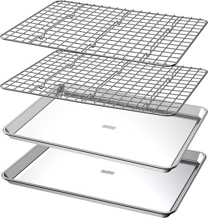 Baker's Secret 4pcs Set, 2x Baking Trays for Oven, 100% Recycled Aluminum, Non Toxic, Bakeware Set Cookie Sheet 13.6" with 2x Stainless Steel Rack Never Rust - The Natural Aluminum Collection