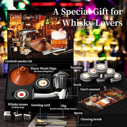 Cocktail Smoker Kit with Torch and Whiskey Glass, 6 Flavors Wood Chips and 3 Whisky Stones for Whiskey & Bourbon, Gift for Husband, Birthday Gift (No Butane), Brown