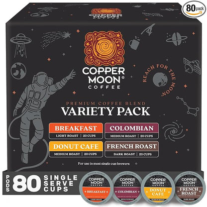Copper Moon Single Serve Coffee Pods For Keurig K-Cup Brewers, Light Medium & Dark Roast, Variety Pack, 80 Count