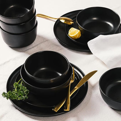 Gibson Elite James Street Stoneware Matte Reactive Double Bowl Dinnerware Set - Pepper Black, Service for 4 (16pcs)