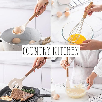 Country Kitchen Non Stick Silicone Utensil Set with Rounded Wood Handles for Cooking and Baking, 8 Piece Set, Khaki