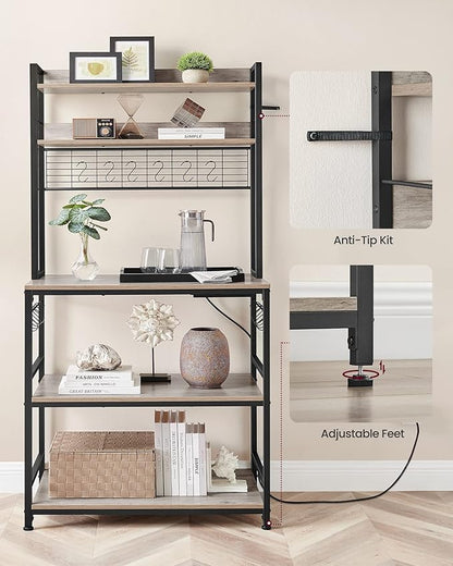 VASAGLE Hutch Bakers Rack with Power Outlet, 14 Hooks Microwave Stand, Adjustable Coffee Bar with Metal Wire Panel, Kitchen Storage Shelf, 15.7 x 31.5 x 66.9 Inches, Greige and Black UKKS025B02